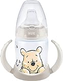NUK, First Choice+ Trinklernflasche Disney Winnie the Pooh 6–18 Monate Temperature Control Anzeige 150 ml AntiColicVentil auslaufsichere Trinkschnabel Ergonomische Griffe BPAfrei blau, beige