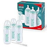 NUK First Choice+ Anti-Colic Professional Babyflaschen-Set | 0–6 Monate | Temperature Control | 300 ml | BPA-frei | Silikon-Trinksauger | Blau | 3 Stück